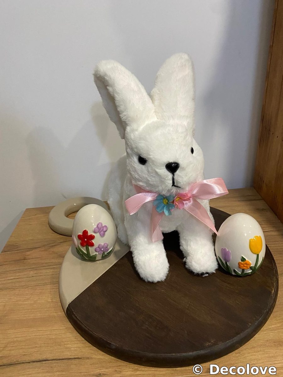 Conejo peluche blanco grande + huevos Pascua