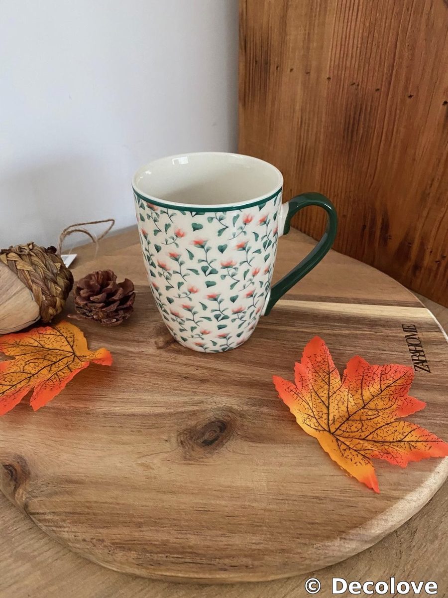 Taza floral verde (handle verde oscuro) · foto 2
